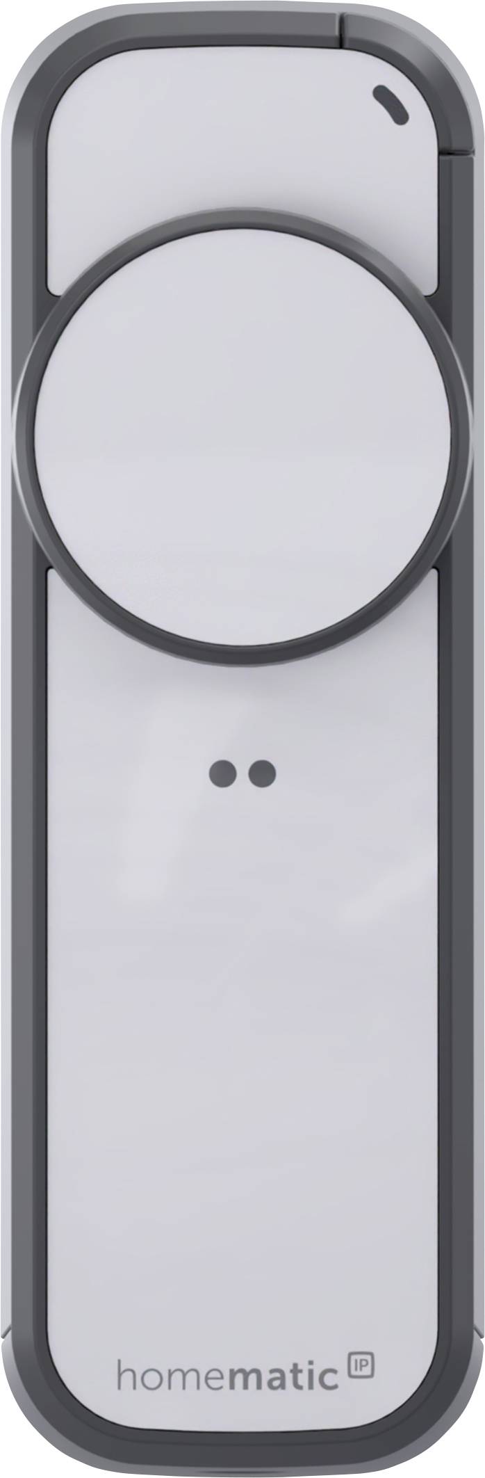 Grauer intelligenter Thermostat-Regler für Smart Home mit großem rundem Drehknopf und zwei kleinen Anzeigeindikatorpunkten, mit der Beschriftung „homematic