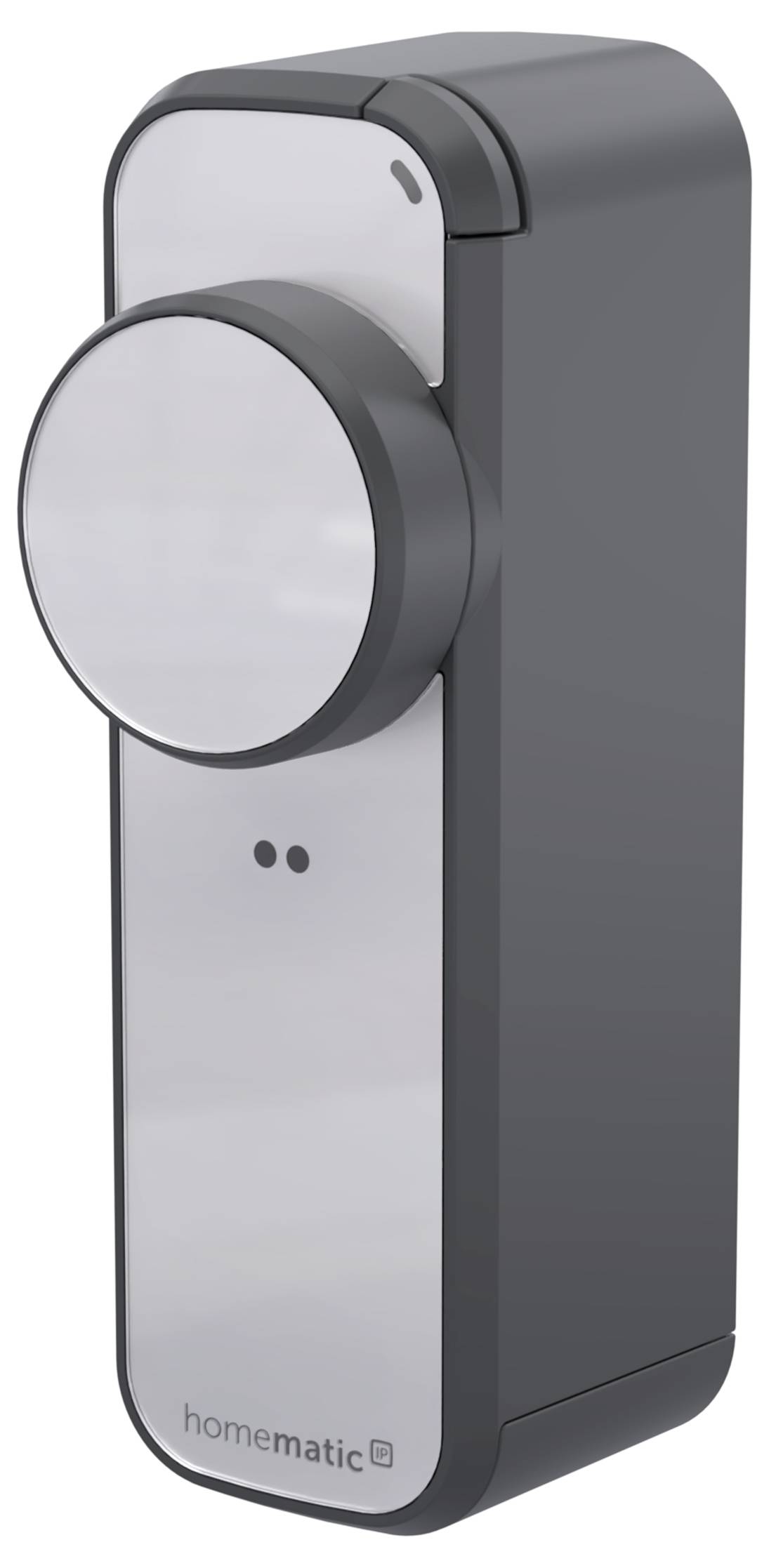 Ein graues, wandmontiertes Smart-Home-Steuergerät mit einem großen runden zentralen Drehknopf und Homematic-Logo unten.