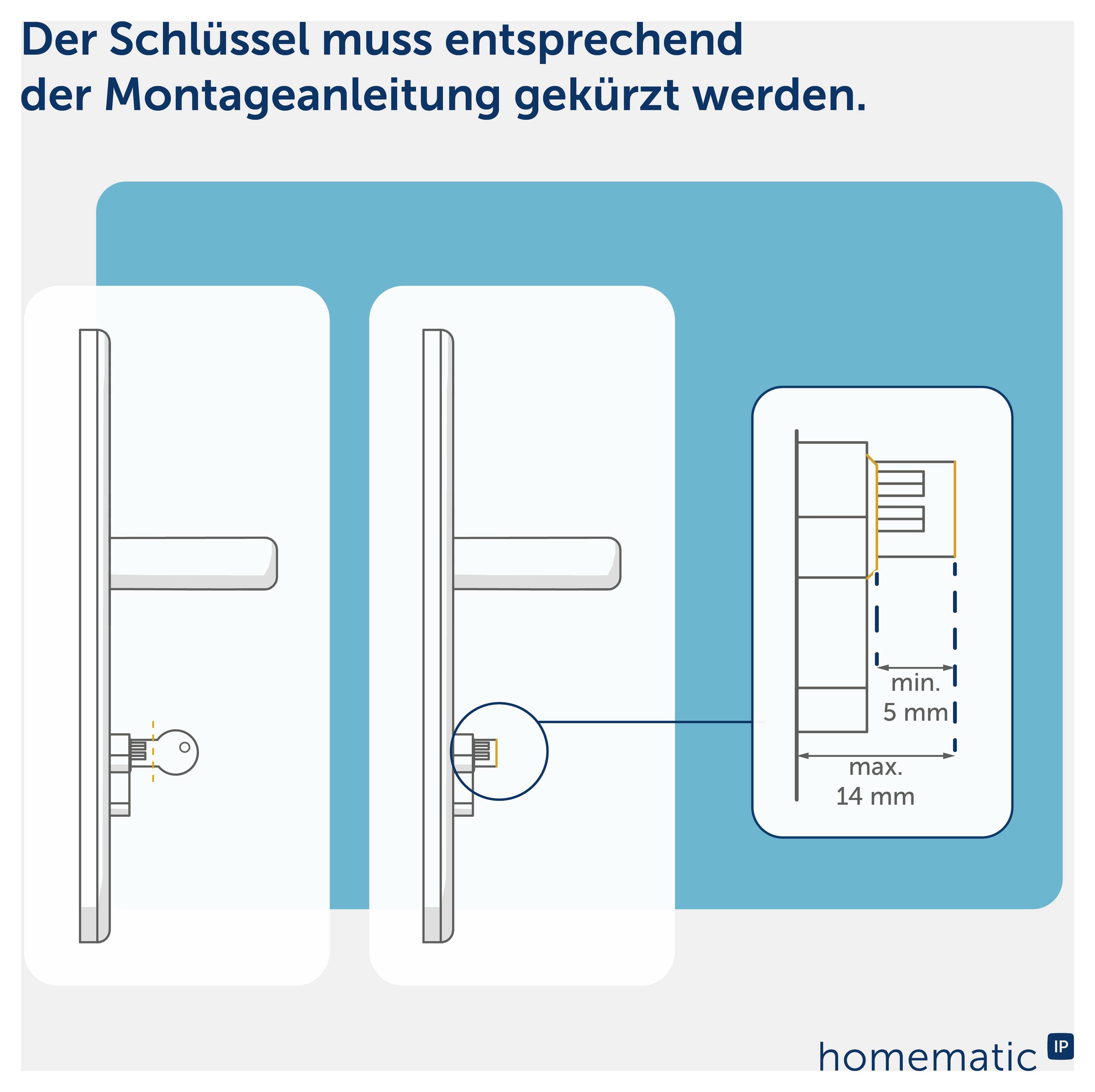 Montageanleitung mit drei Schritten: Schlüssel am Türschloss wird gekürzt; Detail zeigt Mindestmaß 5 mm und Maximalmaß 14 mm.