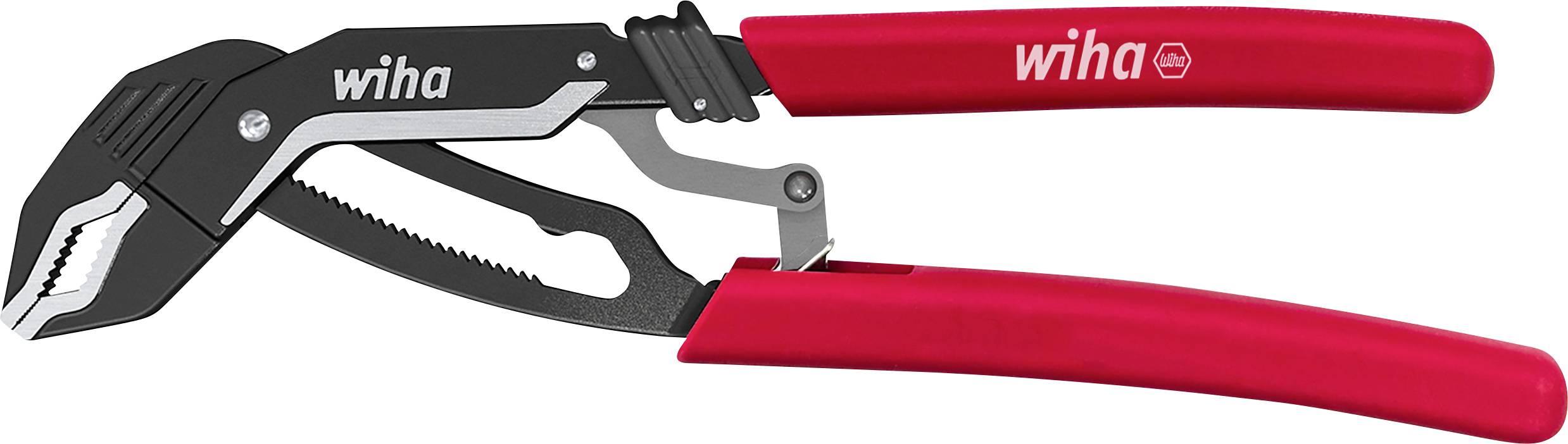 Rot-schwarze verstellbare Wiha-Zangen mit langen Griffen, geschlossen auf weißem Hintergrund dargestellt.