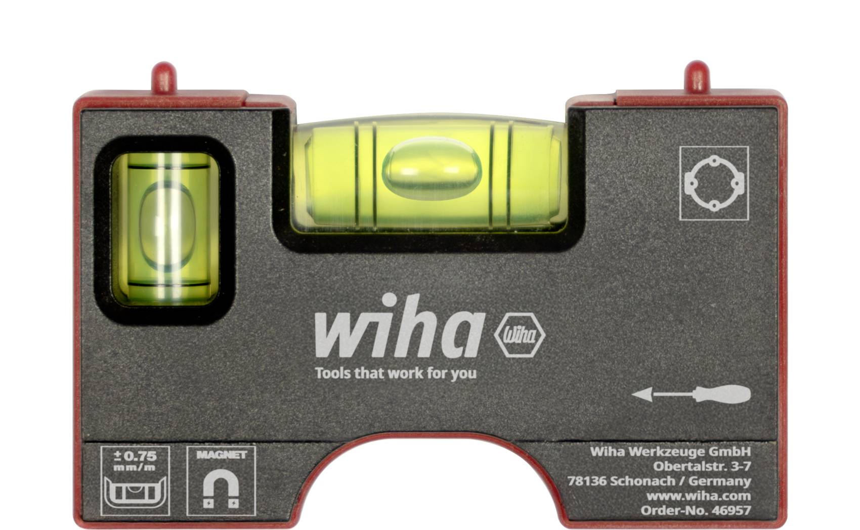 Schwarze Wiha-Wasserwaage mit drei Libellen und roten Endkappen, die das Wiha-Logo und den Text „Tools that work for you