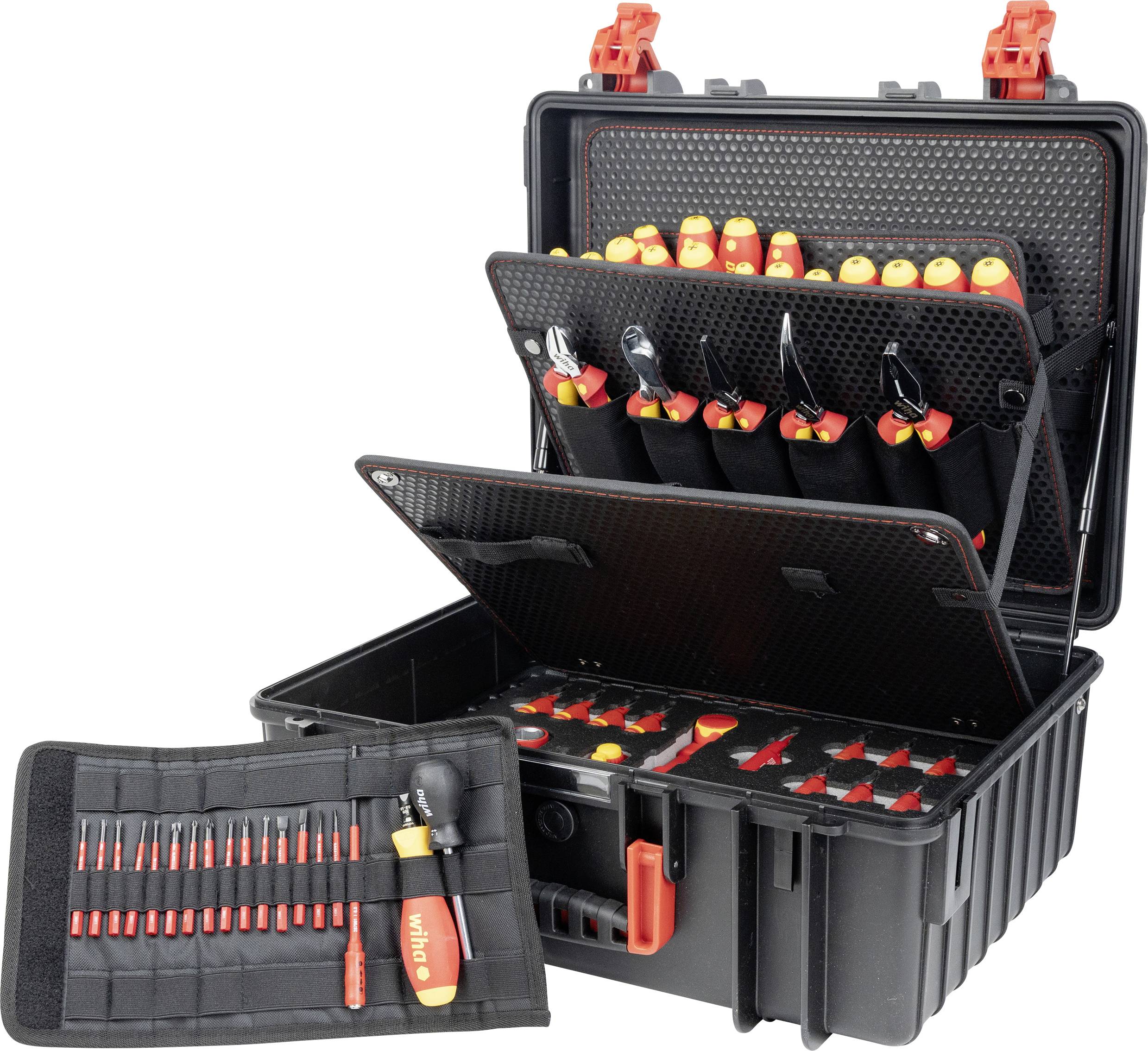 Offener schwarzer Hartschalenkoffer mit organisierten isolierten Fächern, die rot-gelbe Handwerkzeuge halten, plus eine separate Werkzeugrolle vorne.