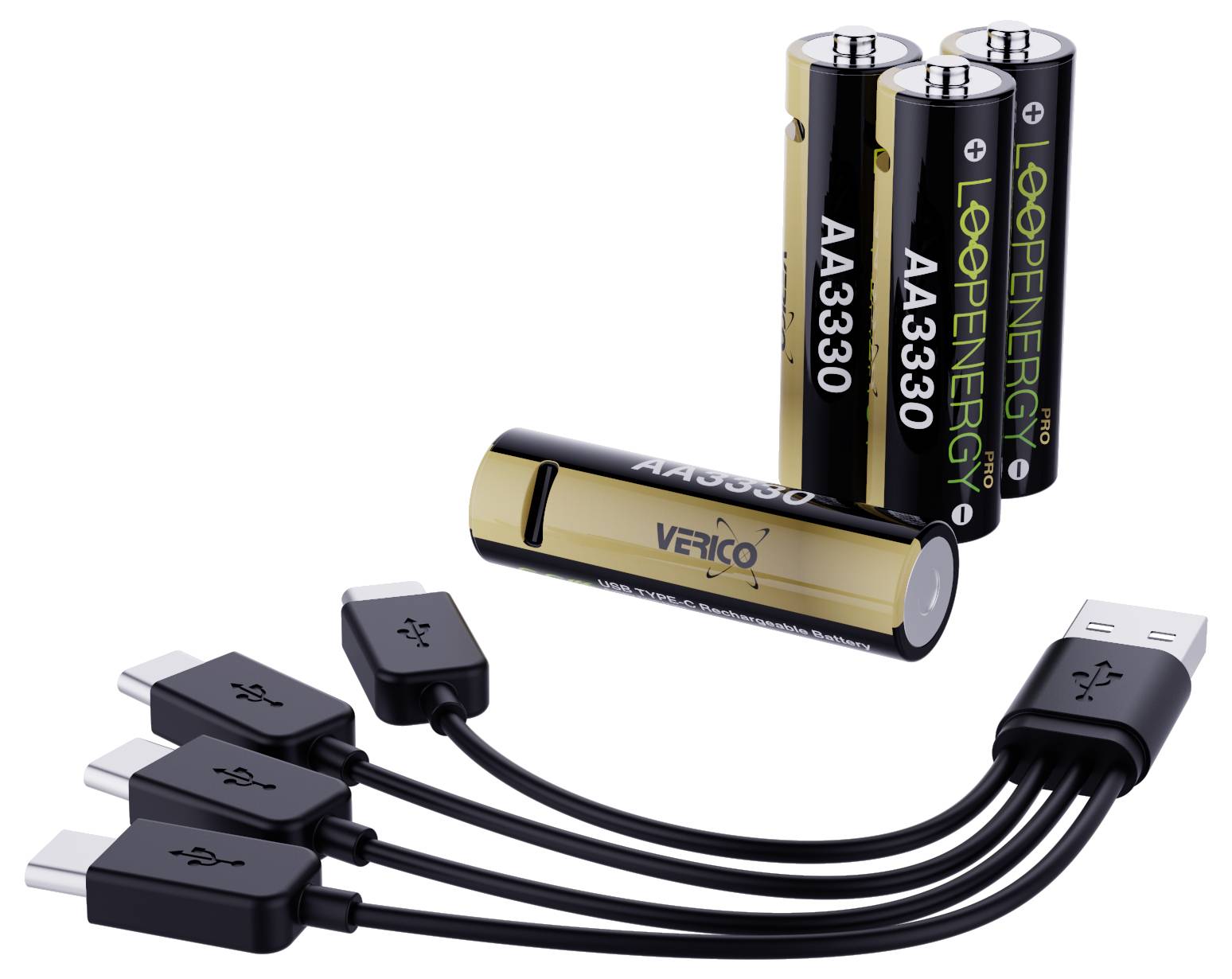 USB-Ladegerät mit vier AA-Akkus und einer AA-Batterie