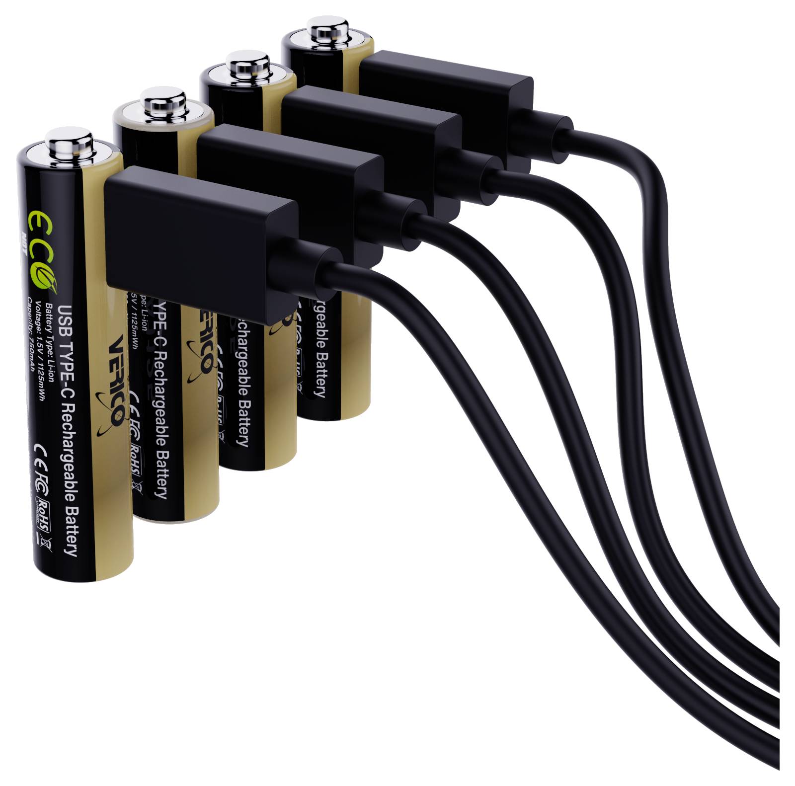 Vier USB-Kabel, die mit einer Reihe von wiederaufladbaren Batterien verbunden sind, zeigen ein Multi-Batterie-Ladesystem.