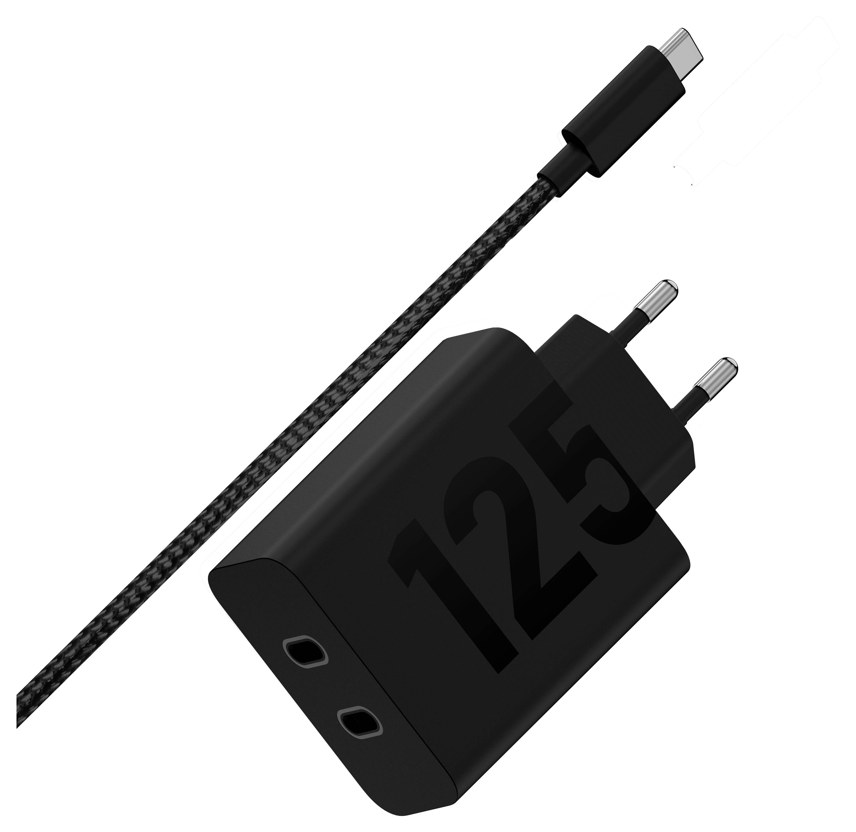 Schwarzes USB-C-Kabel mit Wandladestecker, auf dem Adapter „125