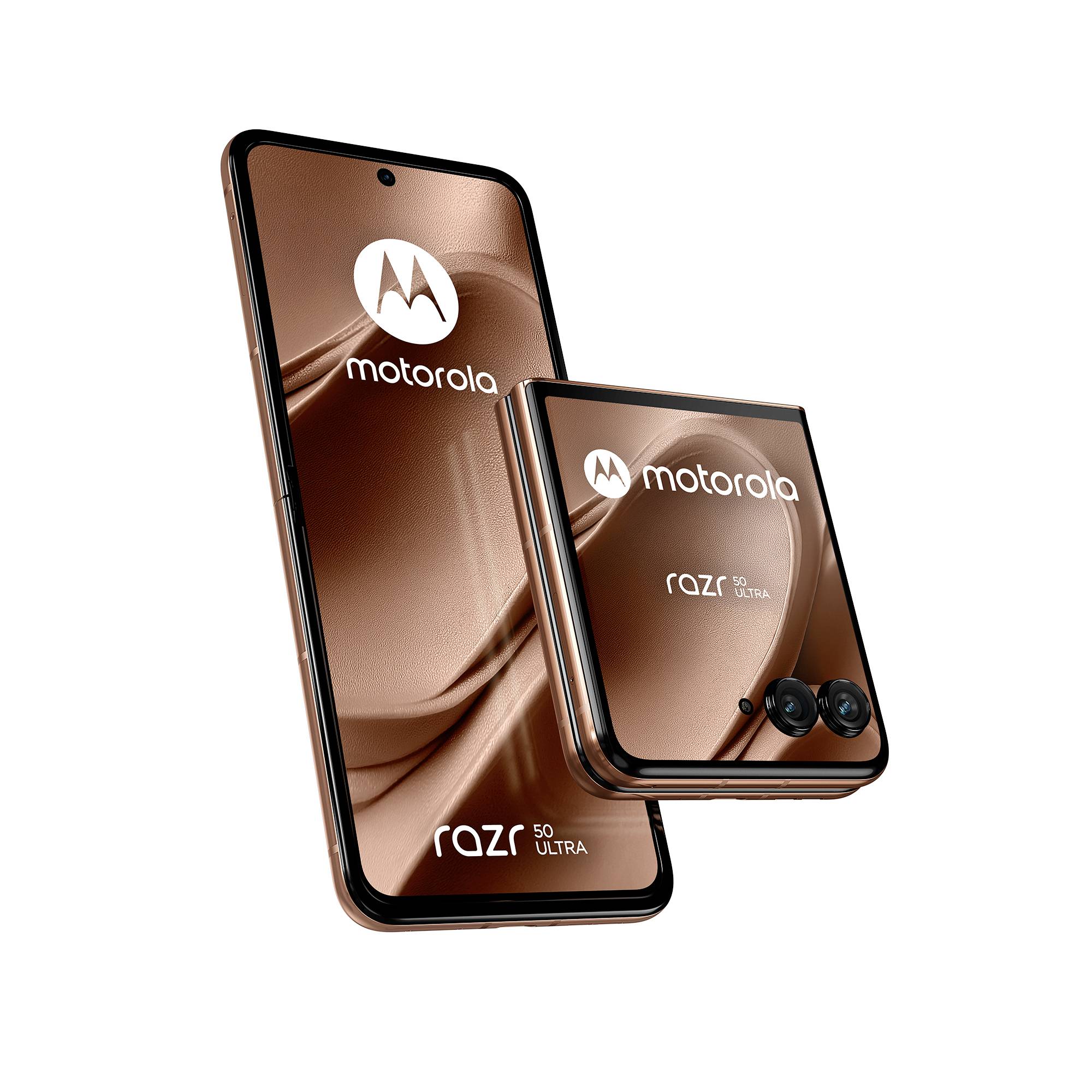 Motorola Razr 50 Ultra faltbares Smartphone in offener und geschlossener Position in Kupferfarbe, mit Motorola-Logo und dualen Rückfahrtkameras auf dem Cover-Display.