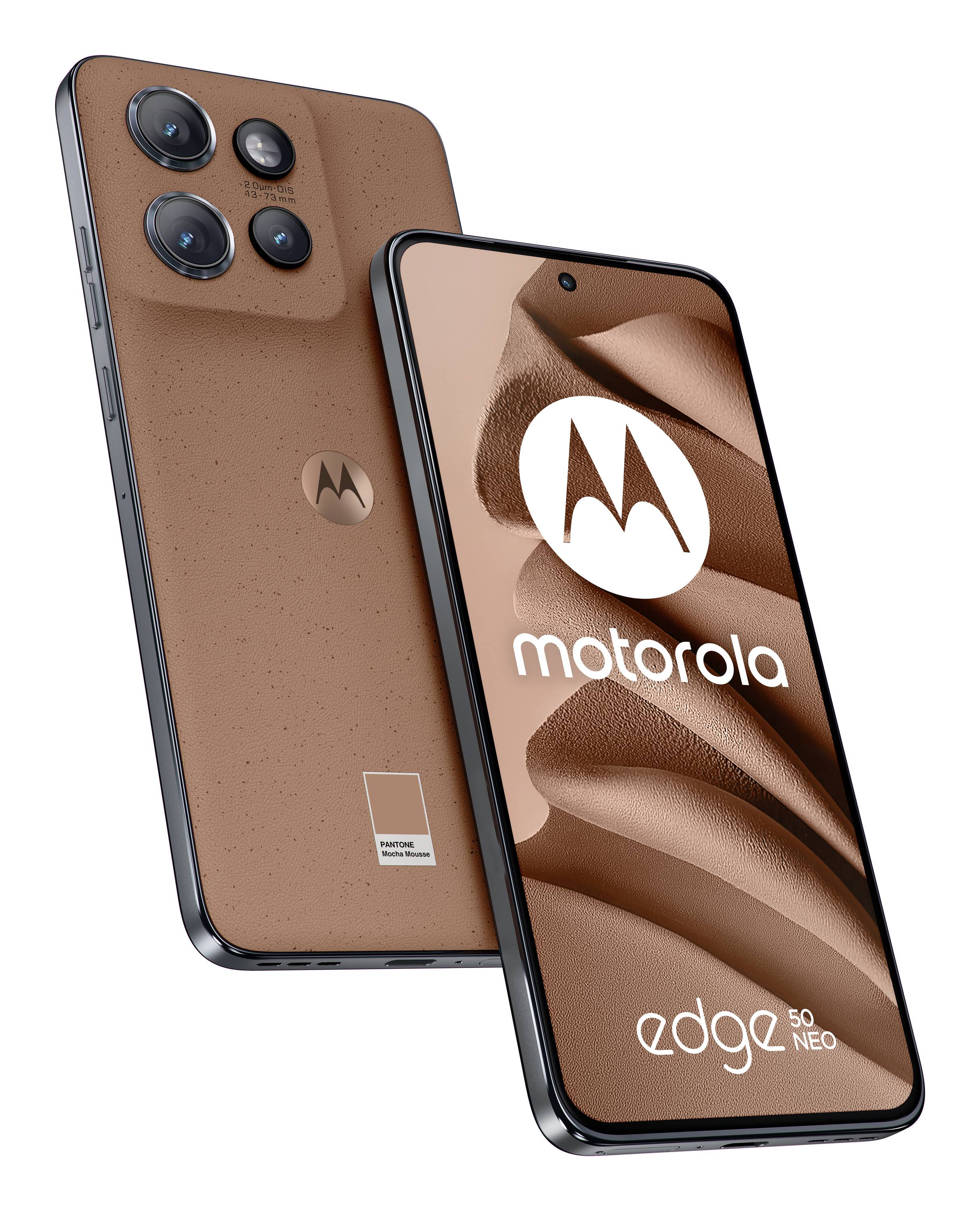 Zwei Motorola Edge 50 Neo Smartphones, von vorne und hinten in Braun gezeigt, wobei das vordere Display das Motorola-Logo und die Markenbezeichnung „edge 50 neo