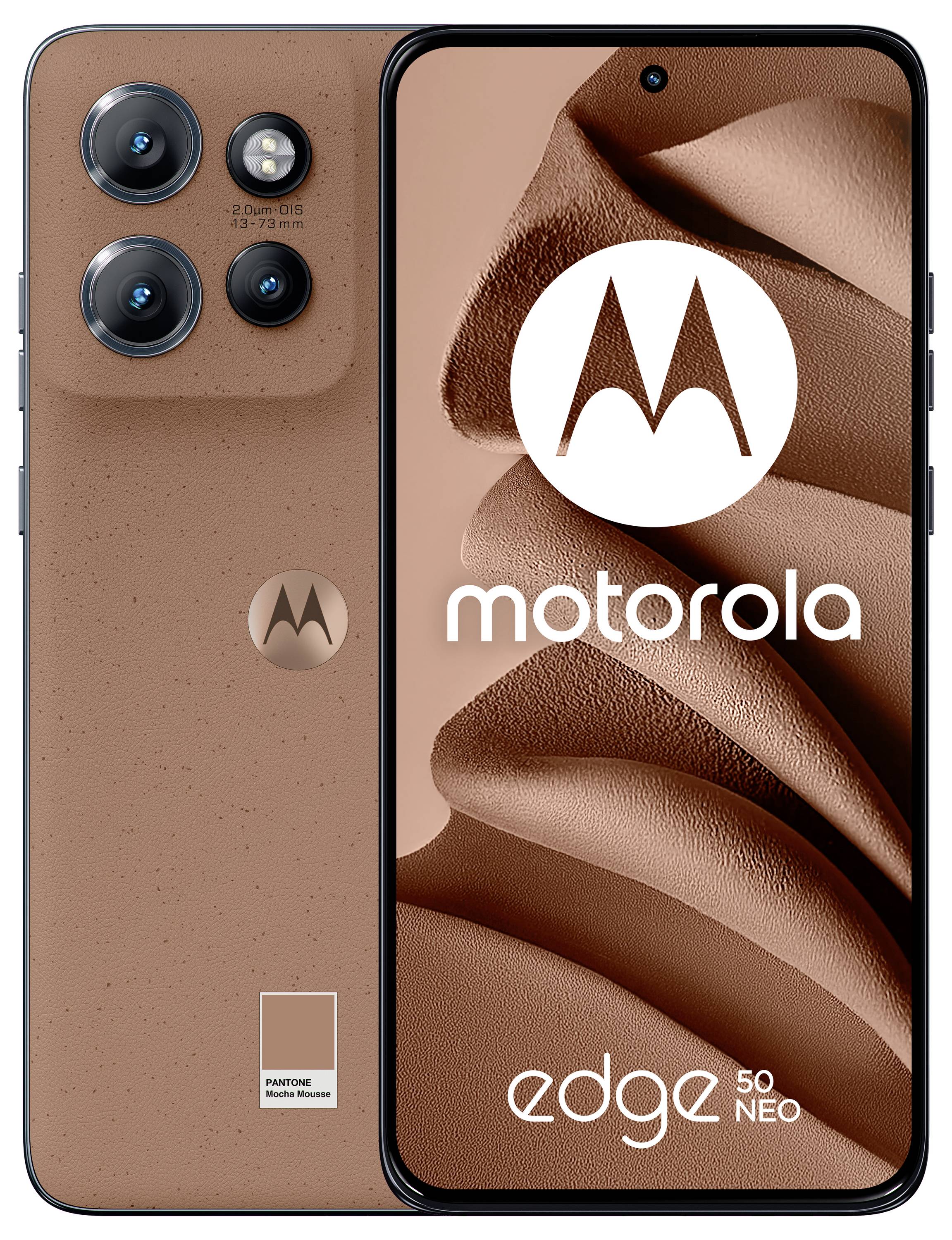 Motorola Edge 50 Neo Smartphone von vorne und hinten in Braun gezeigt, mit Triple-Rückkameras und Motorola-Branding auf dem Bildschirm und der Rückseite.