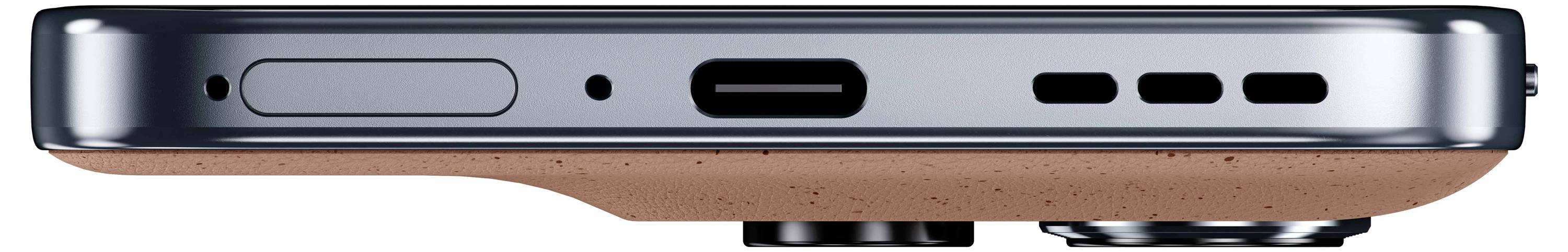 Seitenansicht eines Smartphones in einer braunen Hülle, die die untere Kante mit Ladeanschluss, Lautsprecheröffnungen und einer Kopfhörerbuchse zeigt.