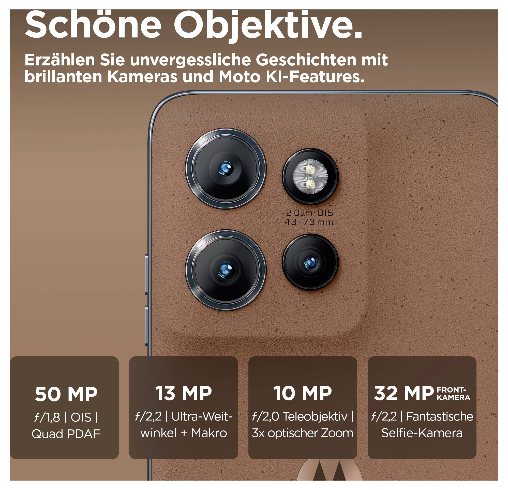 Motorola Edge 50 Neo Smartphone in Braun, von vorne und hinten gezeigt, mit dreifacher Hintergrundkamera und Motorola-Logo auf dem Display und der Rückseite.