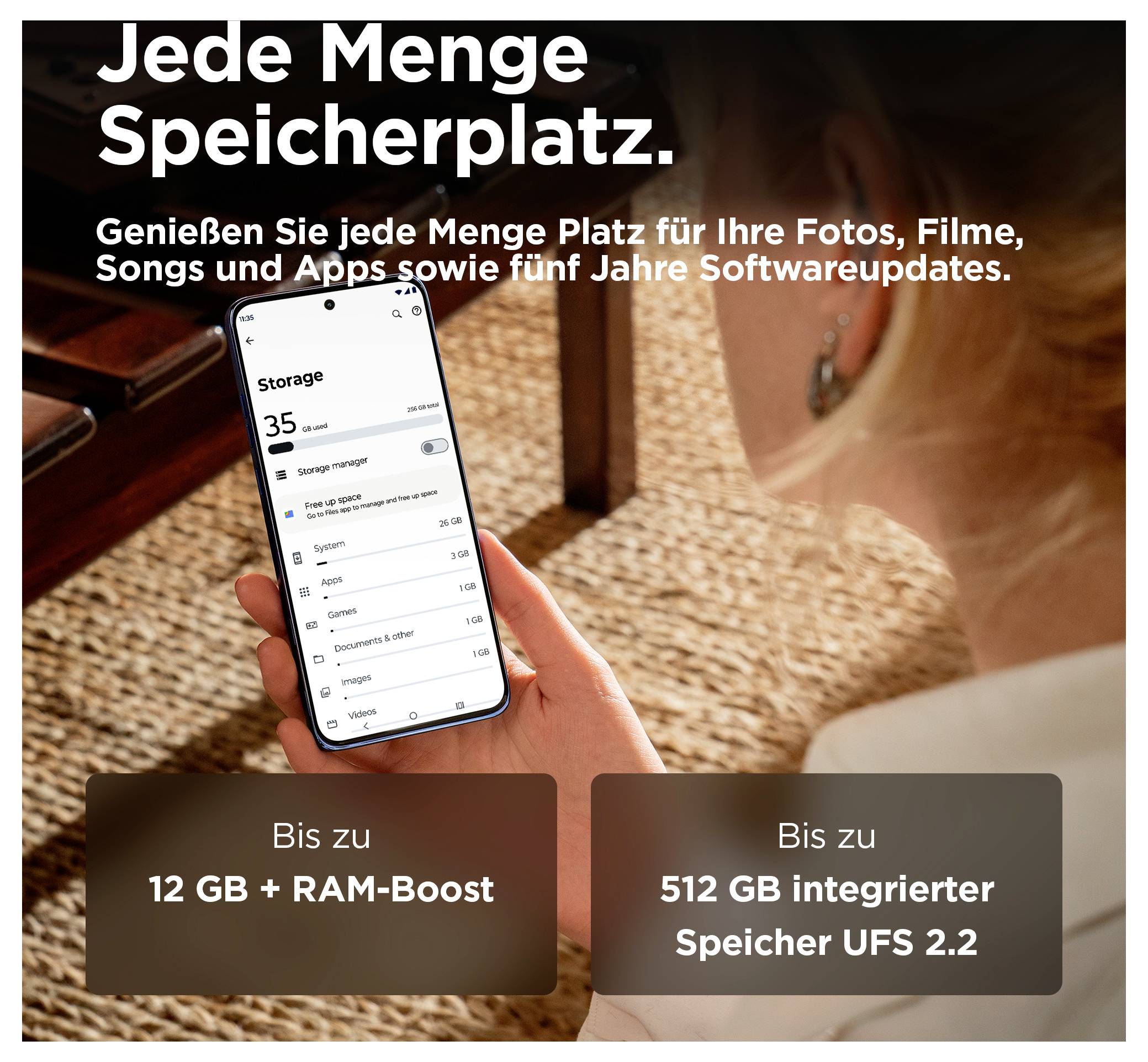 Deutsches Smartphone-Angebot mit einer Person, die ein Telefon hält und für 