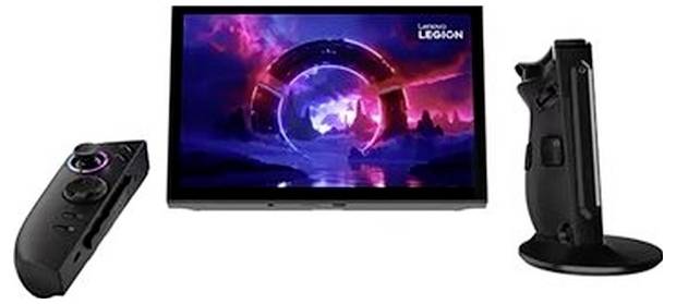 Lenovo Legion Gaming-Monitor mit einem abnehmbaren Controller auf der linken Seite und einer Ständerdockingstation auf der rechten Seite.