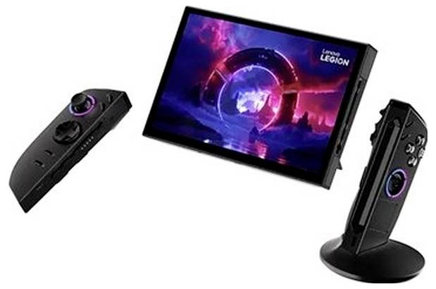 Lenovo Legion tragbarer Gaming-Monitor mit abnehmbaren seitlichen Controller-Modulen, eines im angedockten Display-Modus befestigt und eines separat.