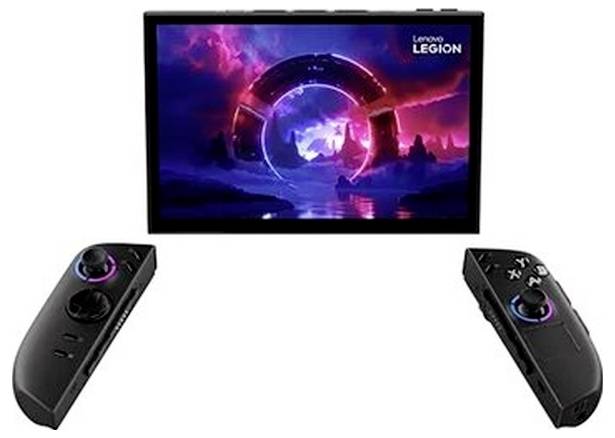 Lenovo Legion tragbares Spielgerät mit angebrachten linken und rechten Controllern, gezeigt mit einer farbenfrohen Spielanzeige auf dem Bildschirm.