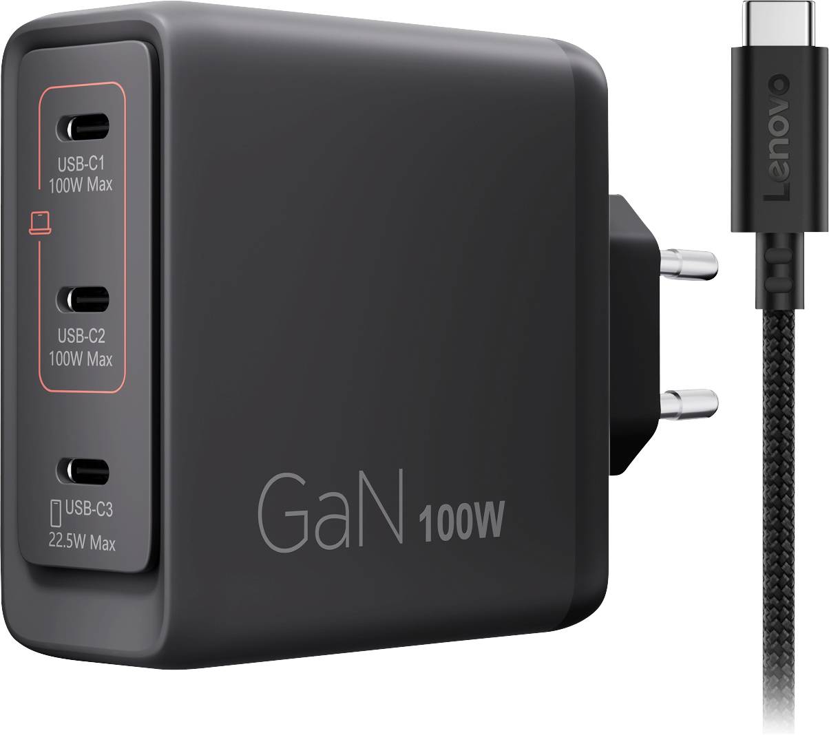 Schwarzes GaN-Wandladegerät mit 100W Leistung mit drei USB-C-Anschlüssen, gekennzeichnet mit USB-C1 und USB-C2 100W max und USB-C3 22,5W max, abgebildet mit Kabel
