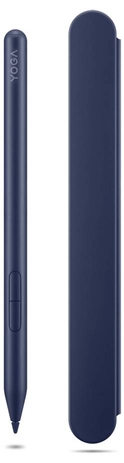 Blauer Stylus-Stift mit schlankem Körper und passendem rundem Etui oder Kappe daneben, aufrecht auf weißem Hintergrund dargestellt.