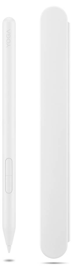 Weißer Lenovo Yoga Stylus-Stift neben einer passenden weißen Schutzhülle oder Tasche auf einfarbigem Hintergrund.