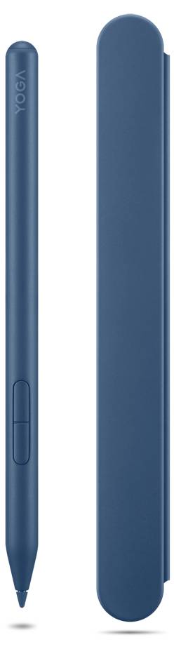 Blauer YOGA-Eingabestift mit passendem schlankem Schutzüberzug auf weißem Hintergrund.