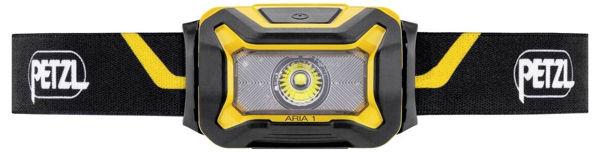 Petzl-Kopflampe mit schwarzem elastischem Riemen und gelb-grauem vorderen Gehäuse, zentriert auf weißem Hintergrund dargestellt.