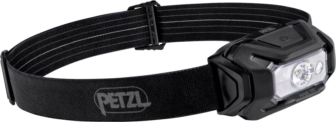 Schwarze PETZL-Stirnlampe mit verstellbarem elastischem Stirnband, auf weißem Hintergrund dargestellt.