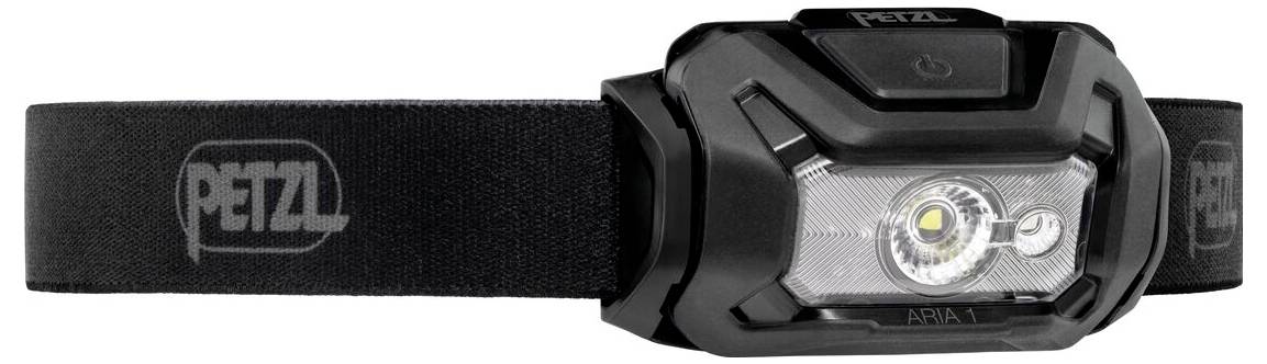 Schwarze Petzl-Stirnlampe mit verstellbarem elastischem Kopfband, Vorderansicht auf weißem Hintergrund.