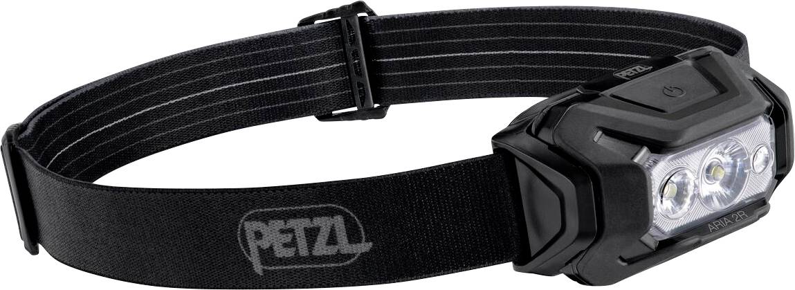 Schwarze Petzl-Kopflampe mit verstellbarem elastischem Kopfband und drei LED-Lichtern, auf weißem Hintergrund dargestellt.