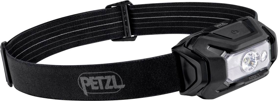Schwarze PETZL-Stirnlampe mit verstellbarem elastischem Kopfband, schräg auf weißem Hintergrund dargestellt.
