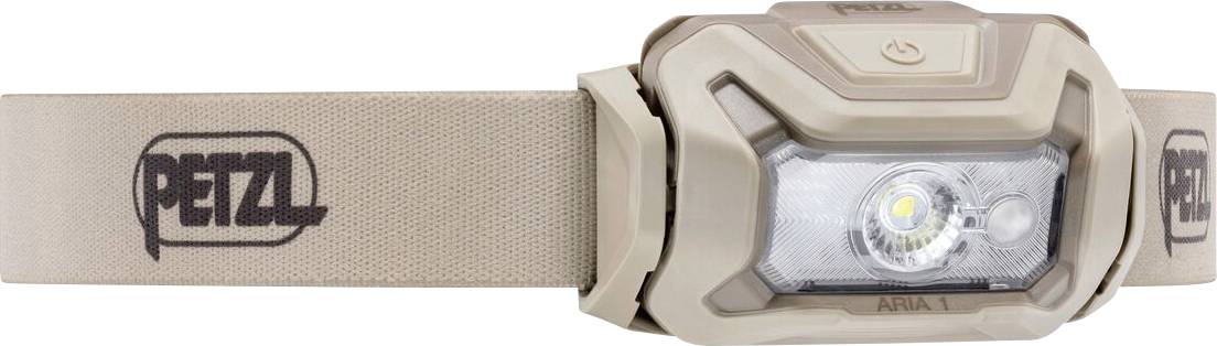 Beige Petzl Stirnlampe mit elastischem Band, von vorne gezeigt mit LED-Licht zentriert in der Fassung.