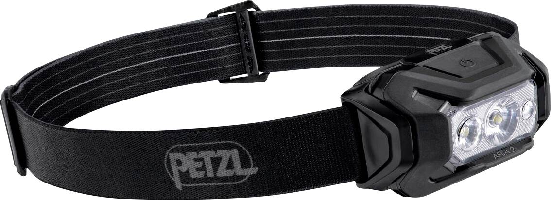 Schwarze Petzl-Kopflampe mit verstellbarem Kopfband, in Seitenansicht auf weißem Hintergrund dargestellt.