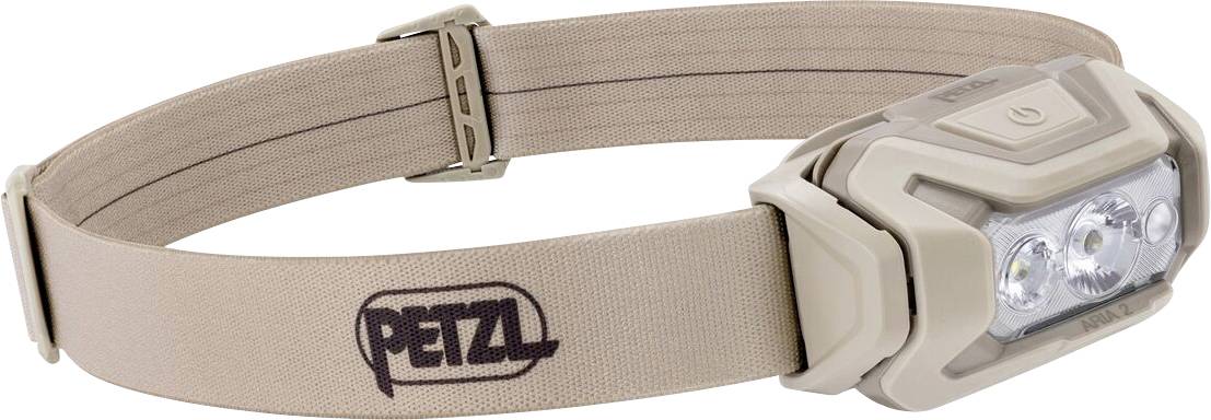 Beige Petzl-Kopflampe mit verstellbarem elastischem Kopfband und vorderen LED-Leuchten, auf weißem Hintergrund dargestellt.