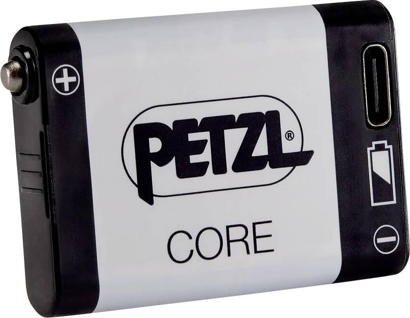 Petzl CORE wiederaufladbarer Akku mit USB-C-Anschluss, in Nahaufnahme auf weißem Hintergrund dargestellt.