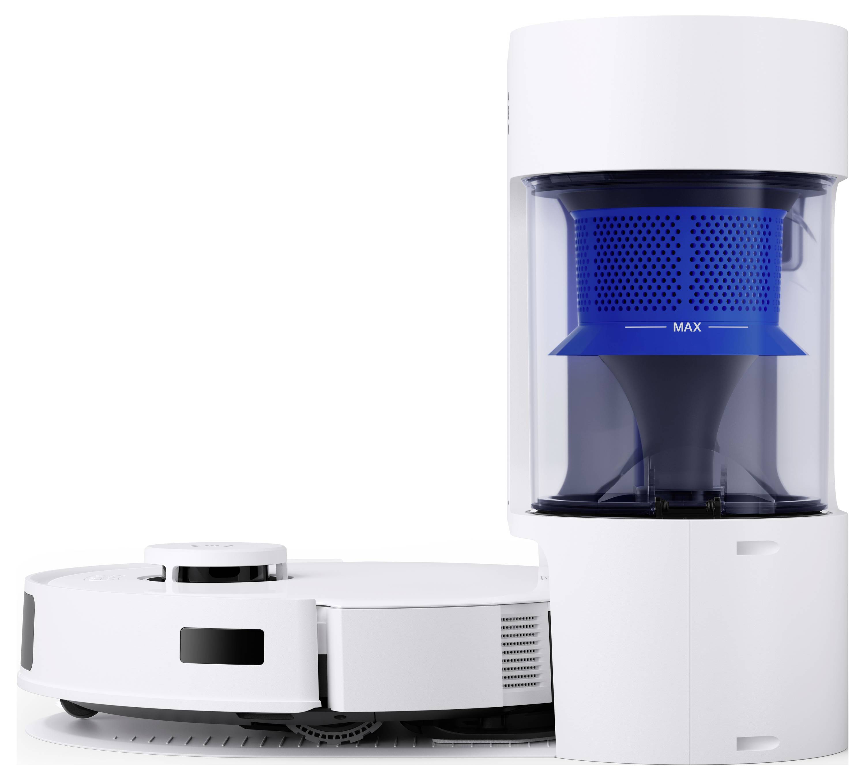 Weißer Roboter-Staubsauger und selbstleerender Dock mit transparentem Staubbehälter, der die blaue „MAX