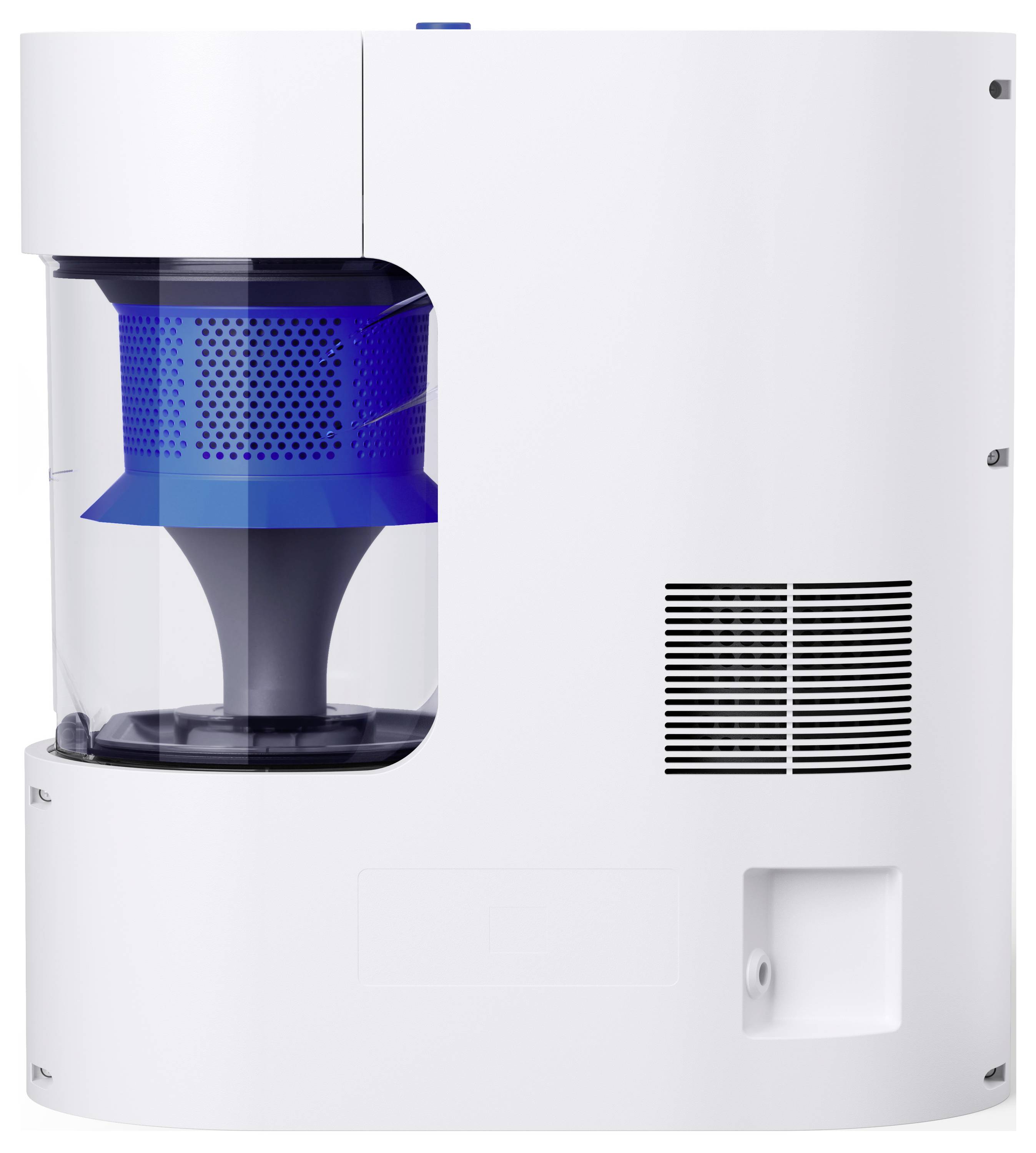 Weiße zylindrische Labormaschine mit transparenter Kammer und blauem Innenkomponente, die ein kompaktes Industriegerät zeigt.