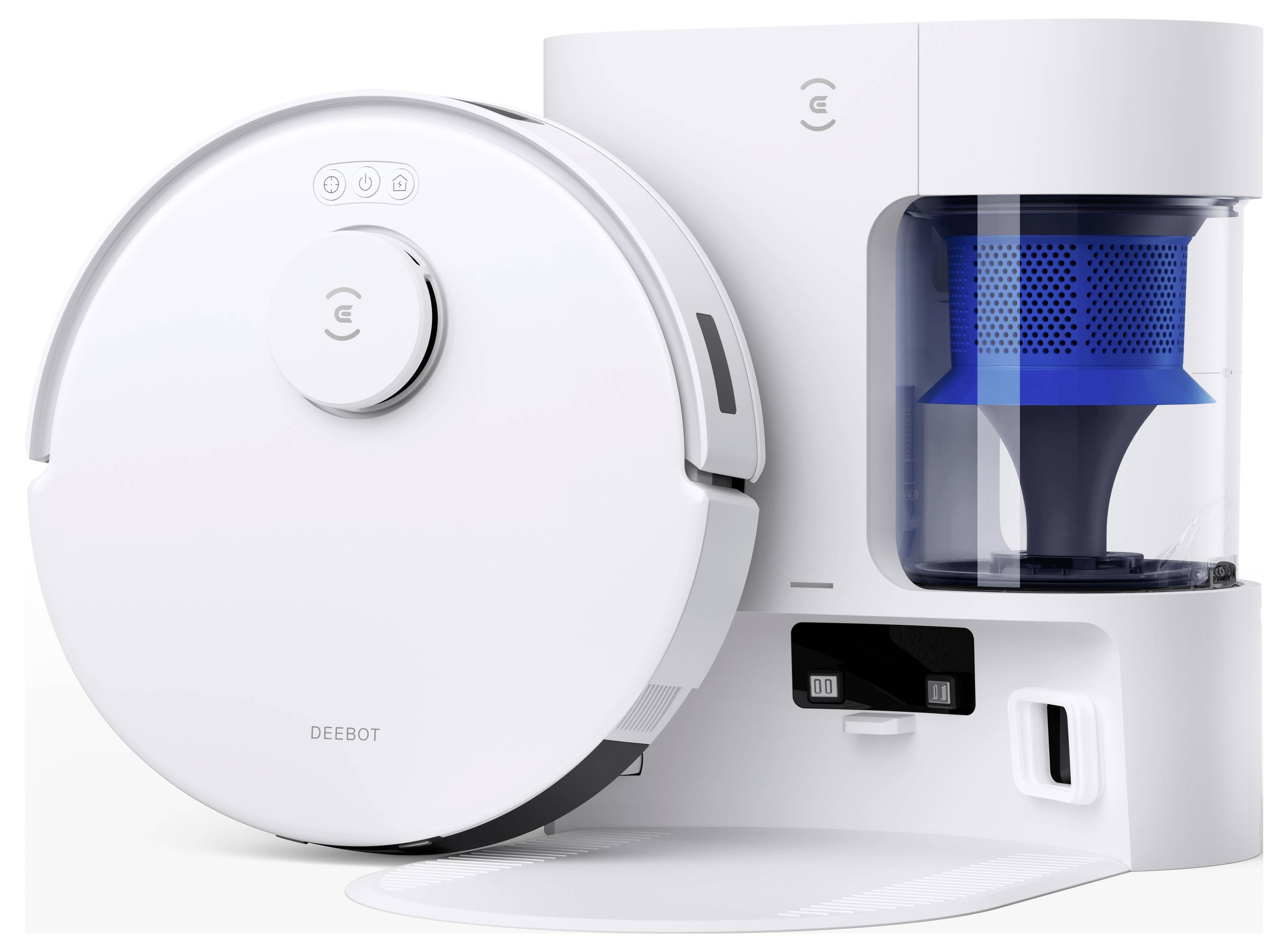 Weißer Roboterstaubsauger neben einer Selbstentleerungsstation mit blauem Staubbehalter, gezeigt auf einem sauberen weißen Hintergrund.