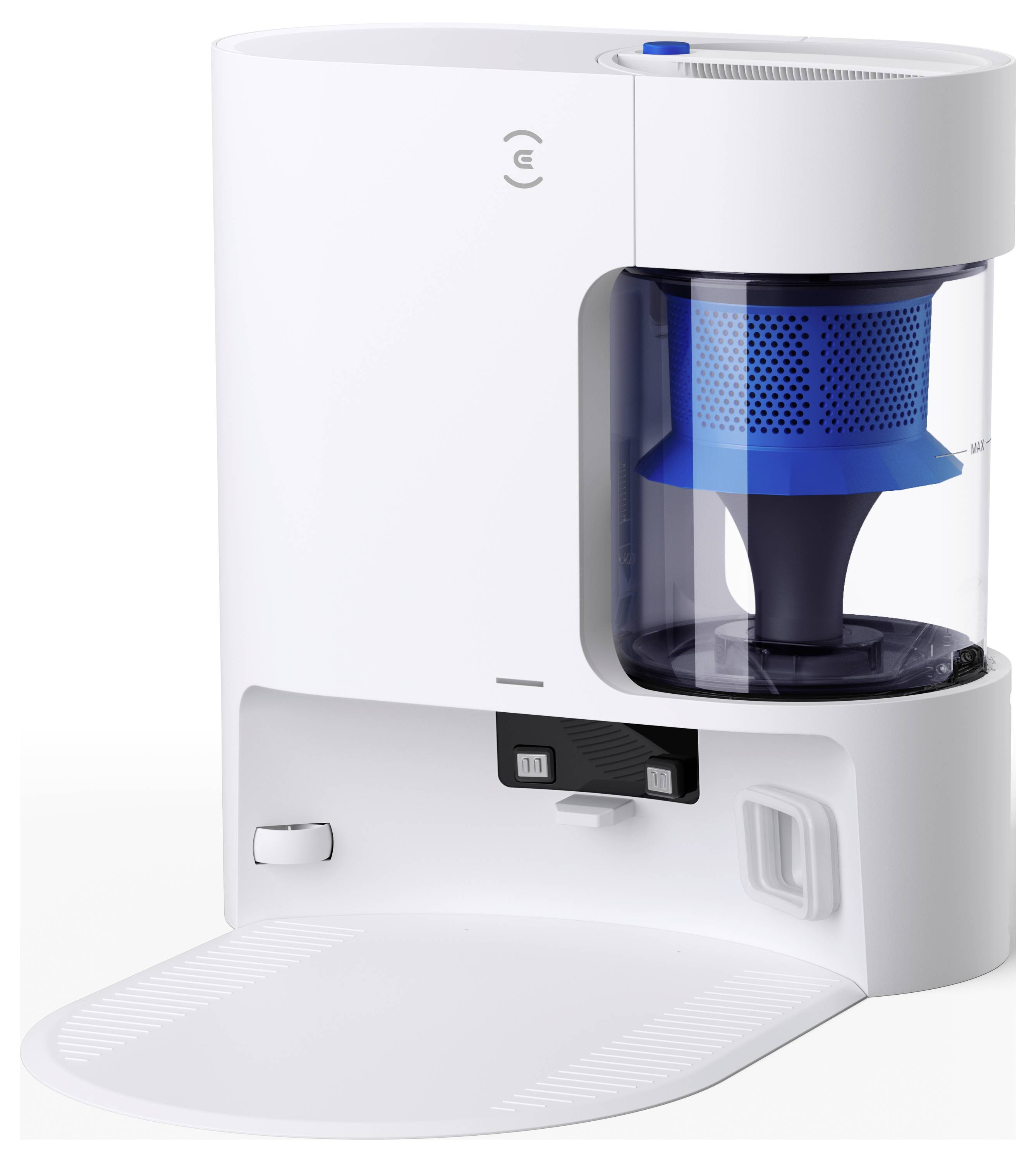 Weißer automatischer Haustierfutterautomat mit transparenter Futterkammer und Schüsseltablett, das Futter in eine eingebaute Schale abgibt.