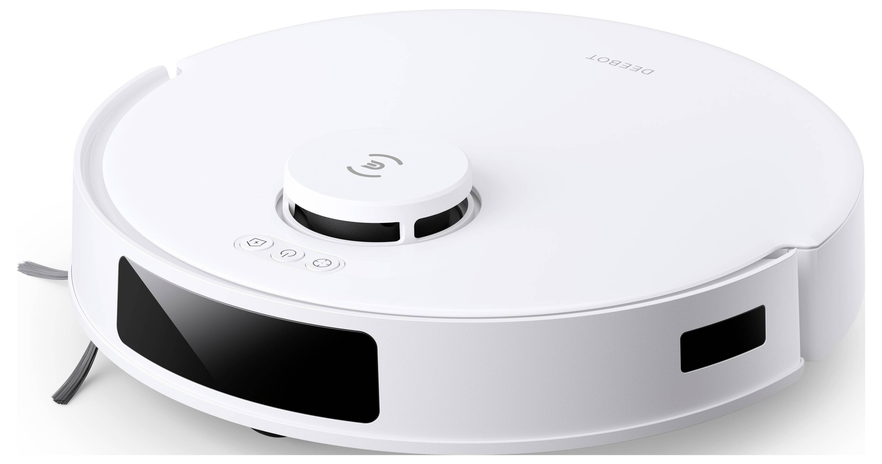 Weißer Reinigungsroboter mit zentralem Sensor-Turm, vorderer Stoßstange und Seitenbürste auf einfachem Hintergrund.