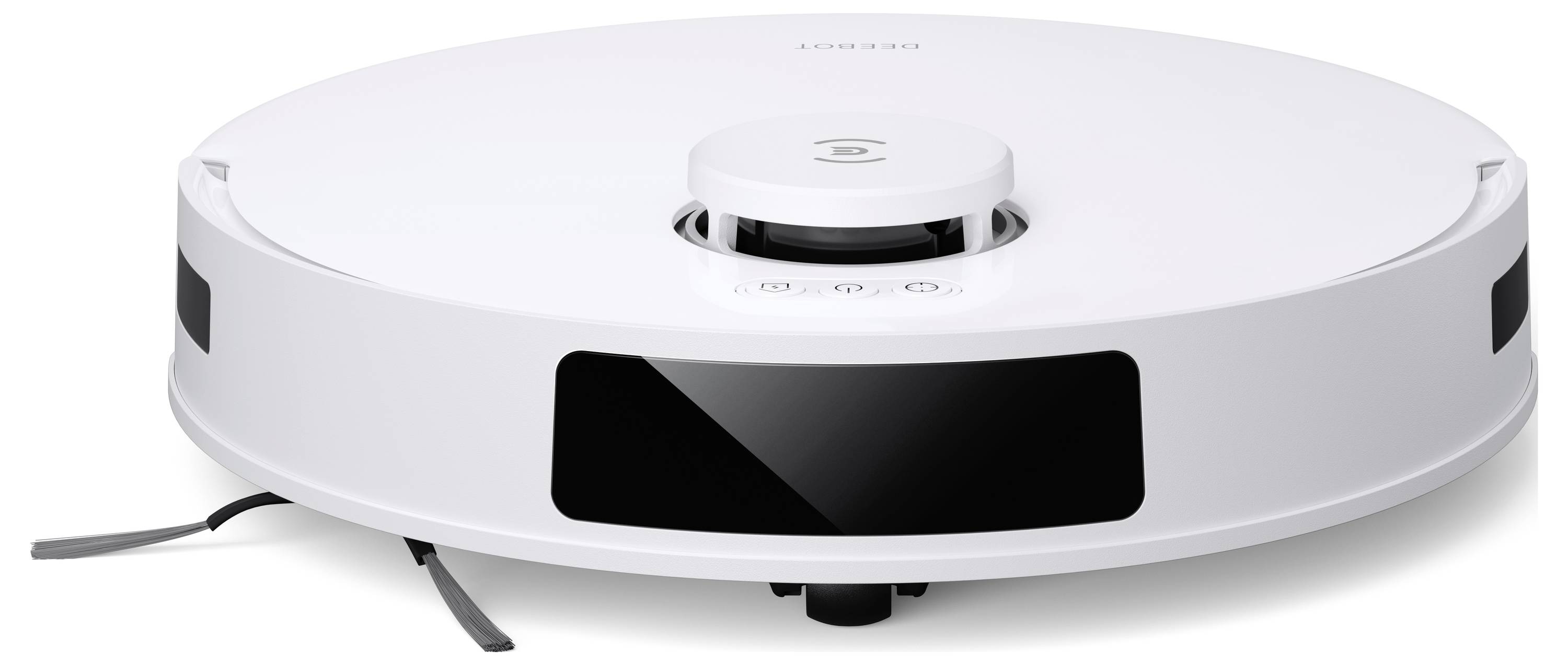 Weißer robotischer Staubsauger mit zentralem Sensordrehturm und vorderer Kamerafläche, dargestellt auf einem schlichten Hintergrund.