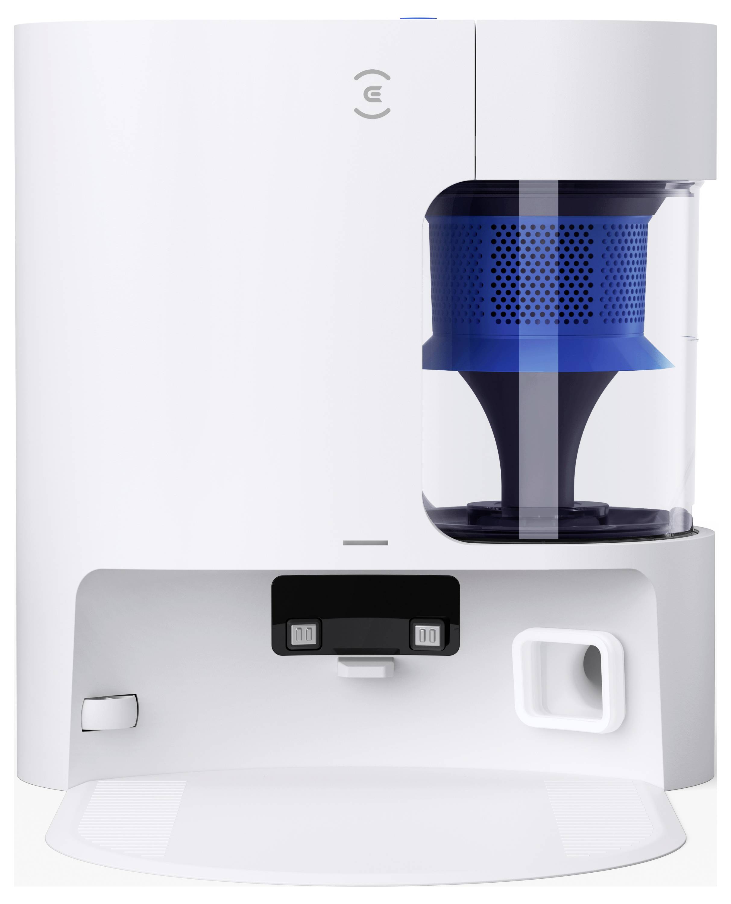 Weißer intelligenter Haustierfutterautomат mit durchsichtiger Futtervorratsbehälter auf der rechten Seite, digitalen Bedienelementen und Ausgabefach am unten.