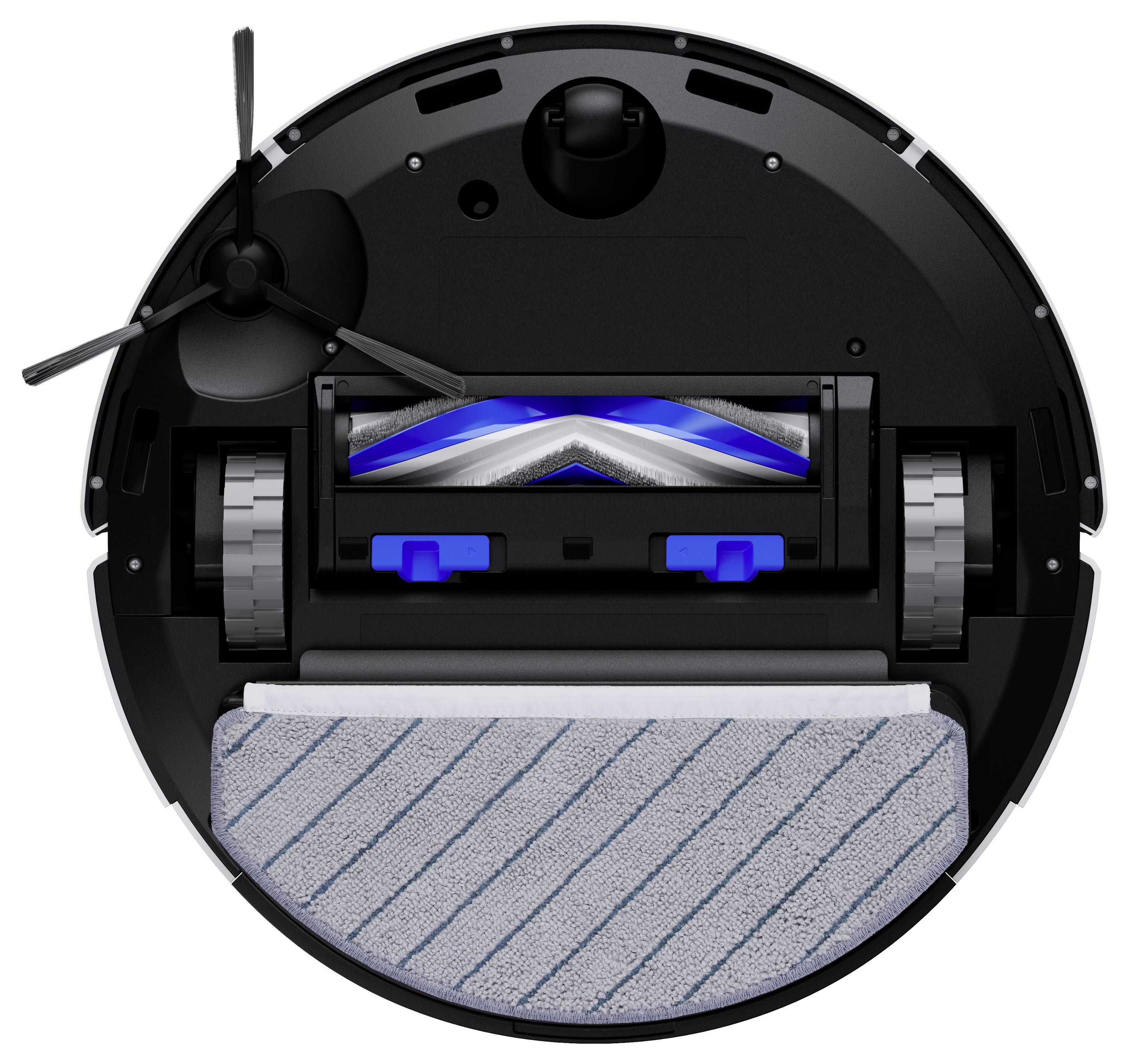 Schnittansicht eines Roboterstaubsaugers mit der Walzenbürste, der Seitenbürste, den Rädern und dem Wischpad darunter.