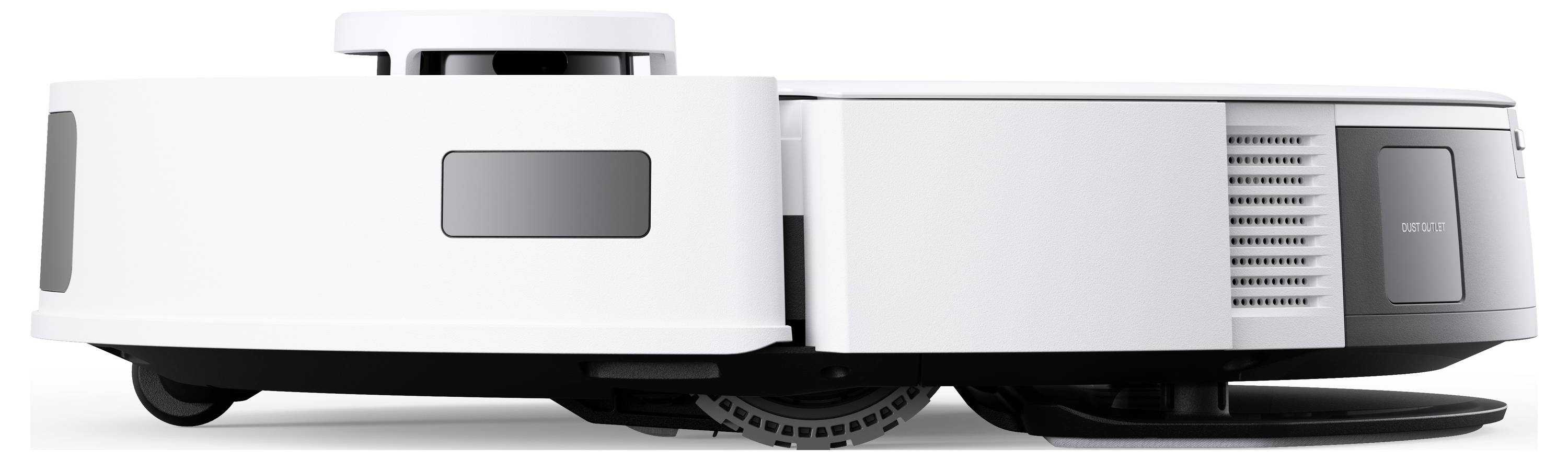 Seitenansicht eines weißen Roboter-Staubsaugers mit flachem Profil, vorderem Sensorfenster und seitlichen Lüftungsöffnungen.