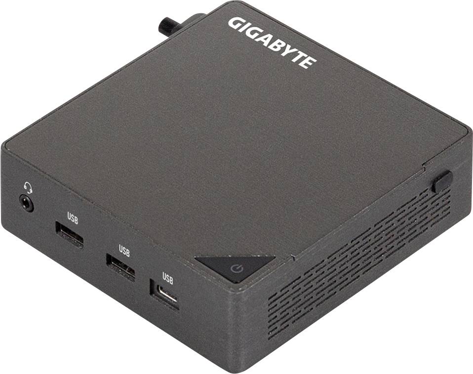 Kompakter Gigabyte Mini-PC mit Stromschalter, Audiobuchse und drei USB-Anschlüssen auf der Vorderseite.