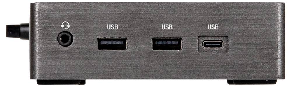 Vorderansicht eines Gerätepanels aus gebürstetem Metall mit einer Kopfhörerbuchse und drei USB-Anschlüssen mit der Bezeichnung „USB