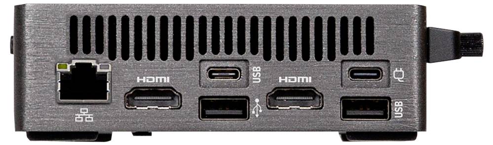 Nahaufnahme der Rückseite eines kleinen Computers mit Ethernet-, zwei HDMI-Anschlüssen, zwei USB-C-Anschlüssen und zwei USB-A-Anschlüssen mit Beschriftungen für die Konnektivität.