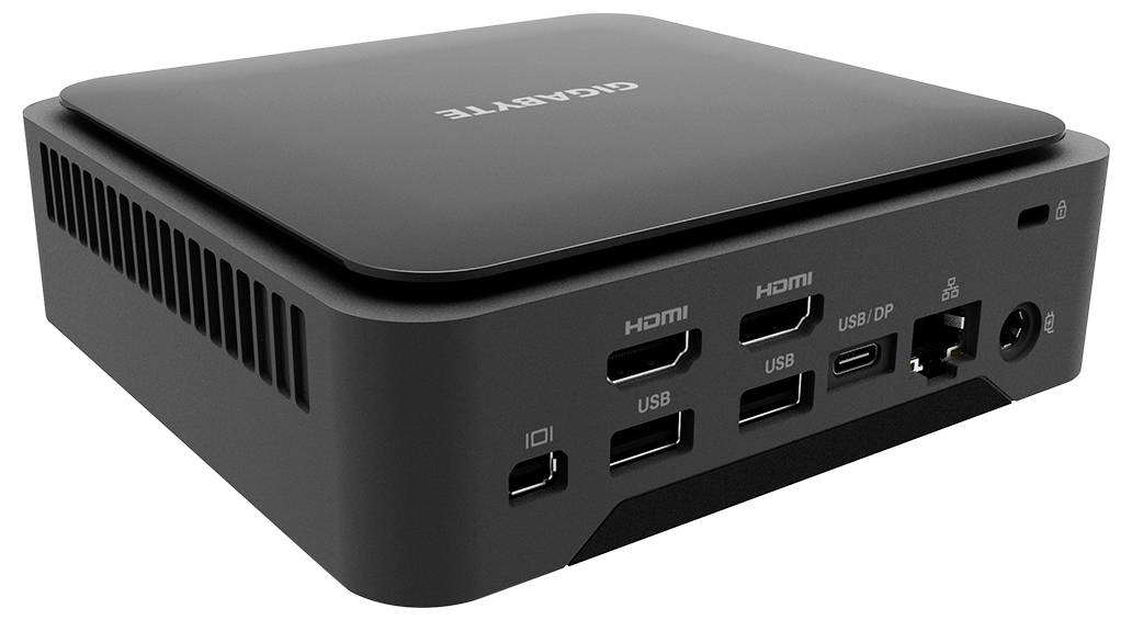 Kompakter schwarzer Mini-PC mit Anschlüssen an der Vorder- und Seitenseite, einschließlich zwei HDMI, zwei USB, USB-C/DisplayPort, Ethernet und Audiobuchse.