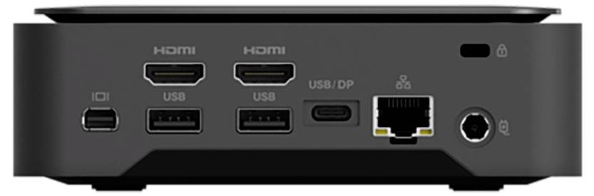 Rückseite eines Geräts mit zwei HDMI-Anschlüssen, zwei USB-Anschlüssen, einem USB-C/DP-Anschluss, einer Ethernet-Buchse und einer 3,5-mm-Audiobuchse.