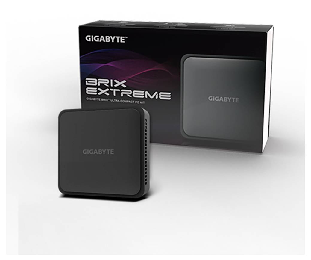 Gigabyte BRIX Extreme Mini-PC mit seiner Einzelhandelsverpackung auf weißem Hintergrund dargestellt.