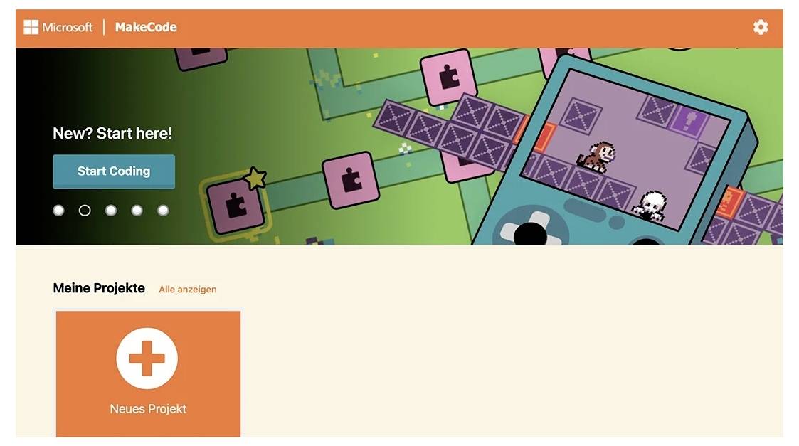 Microsoft MakeCode-Startseite mit einem grünen Banner „Neu? Hier beginnen!