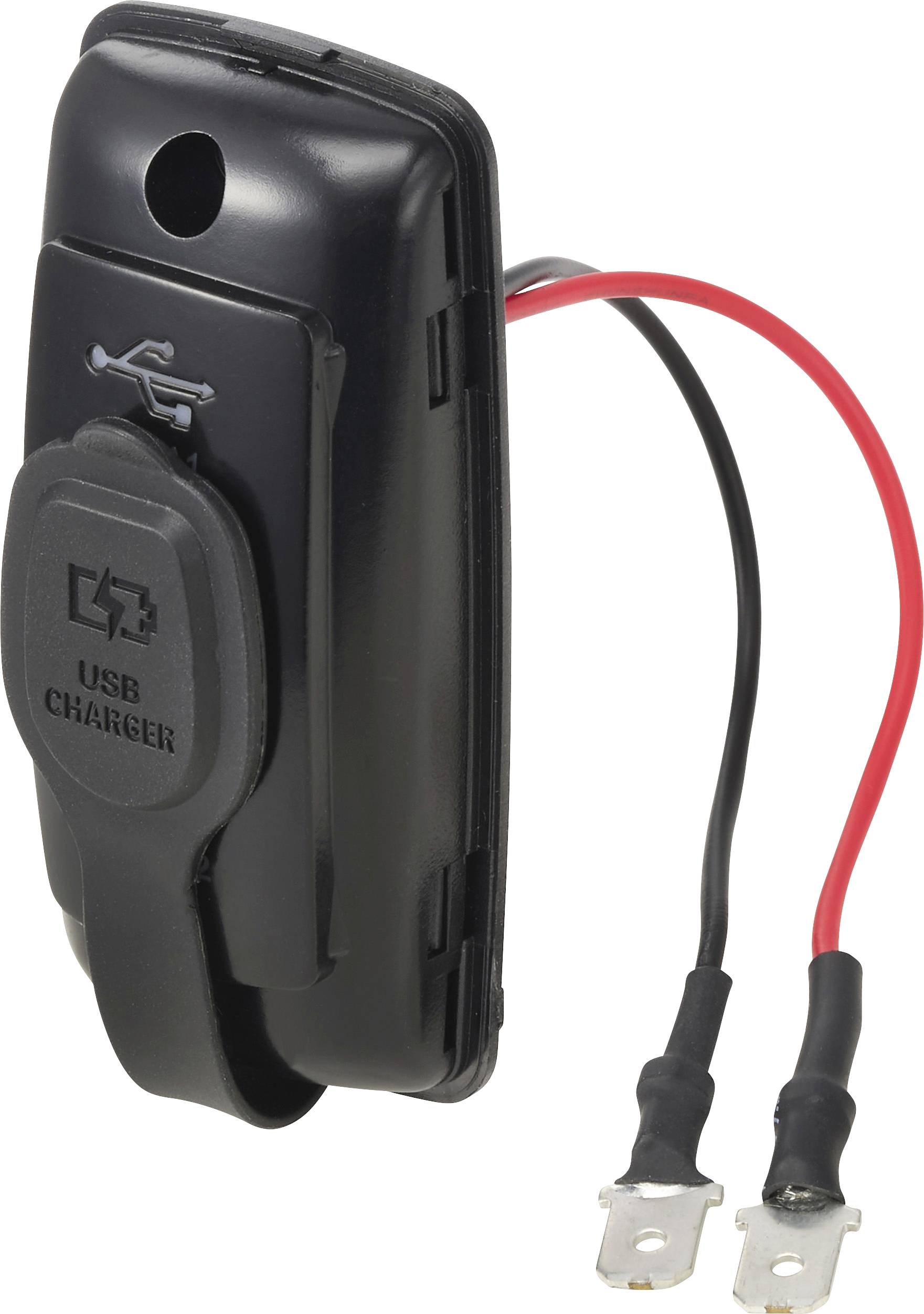 Schwarzes USB-Lademodul mit roten und schwarzen Anschllusskabeln und Schutzabdeckung, dargestellt auf weißem Hintergrund.