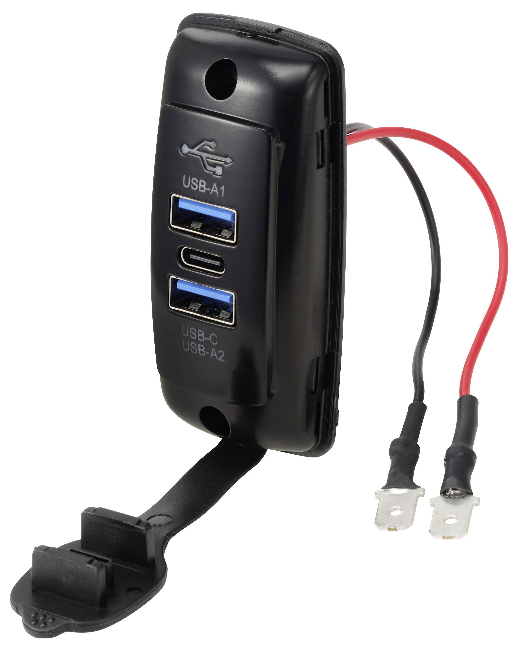 Schwarzes Dual-USB-Panel-Ladegerät mit zwei blauen USB-A-Anschlüssen und einem USB-C-Anschluss, plus rote und schwarze Stromzuleitungen mit Ringkabelschuhen.