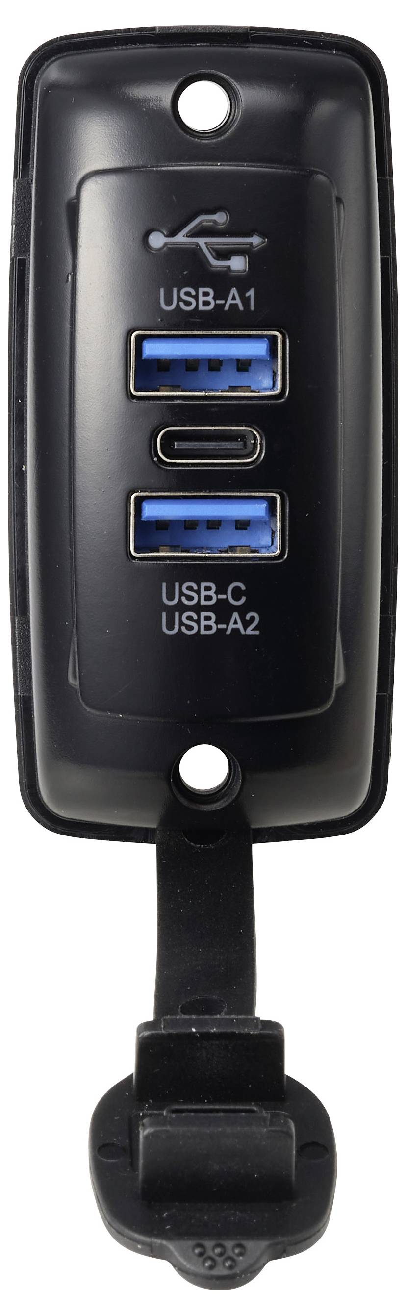 Schwarzes Panel mit Befestigungslöchern, das USB-Anschlüsse zeigt: USB-A1 oben, USB-C in der Mitte, USB-A2 unten und eine klappbare Schutzkappe an der Basis.
